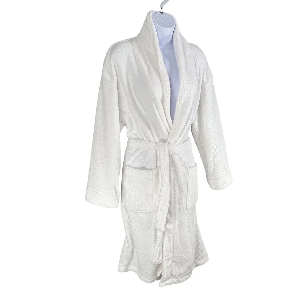 Ulta Beauty NWT Womens S/M White Textured Plush Spa Robe Belted Pockets